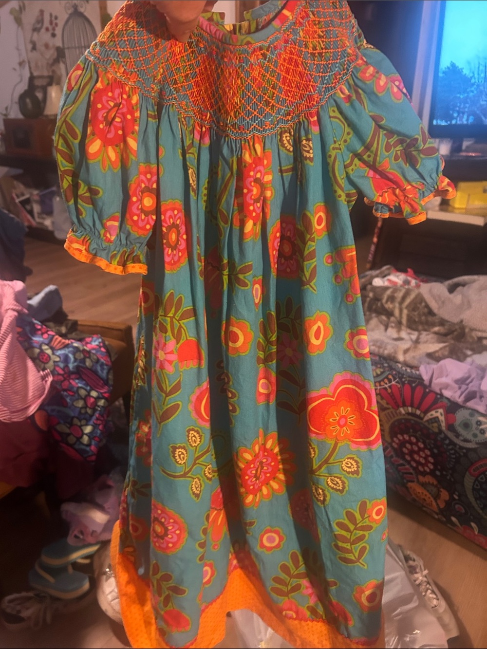 Girls' Teal Floral Smocked Casual Dress with Orange Accents